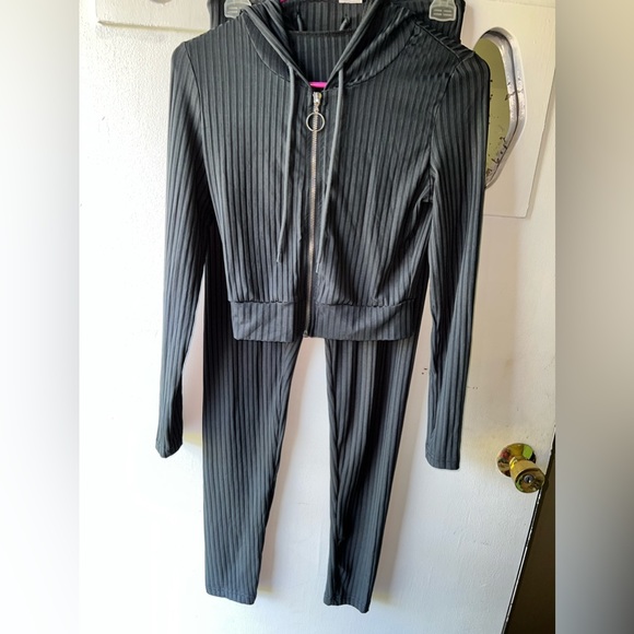 SHEIN SXY Rib-knit O-ring Zipper Drawstring Hoodie & Leggings - Picture 8 of 11